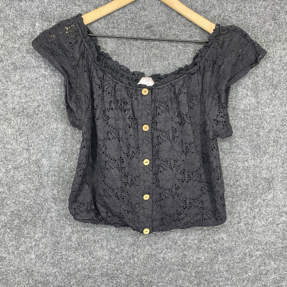 No Boundaries Black Floral Lace Button Front Crop Top Womens Large 11-13